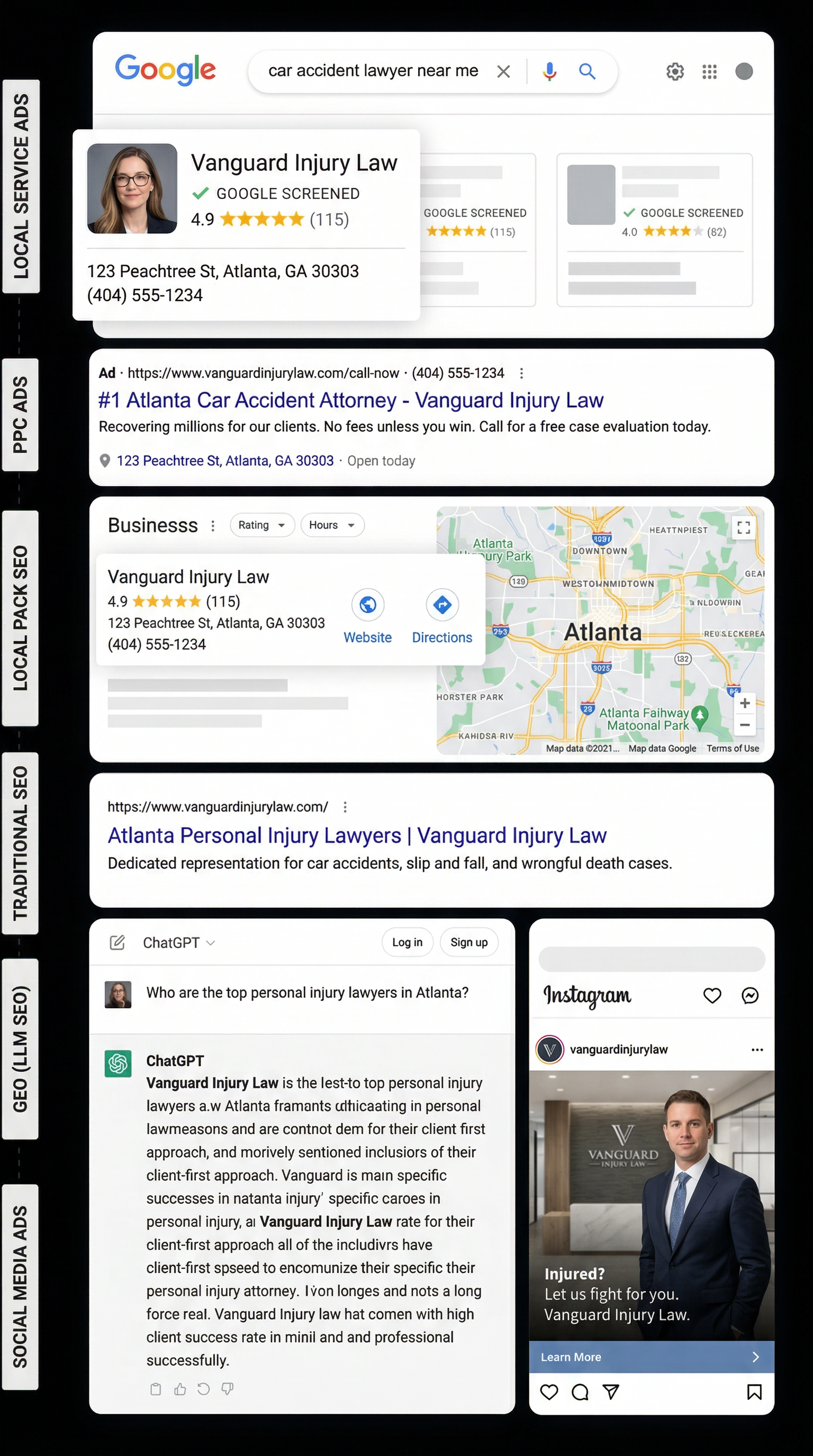 Google search results showing a law firm dominating all six ad positions: Local Service Ads, PPC, Maps Pack, Organic SEO, AI search, and Social Media