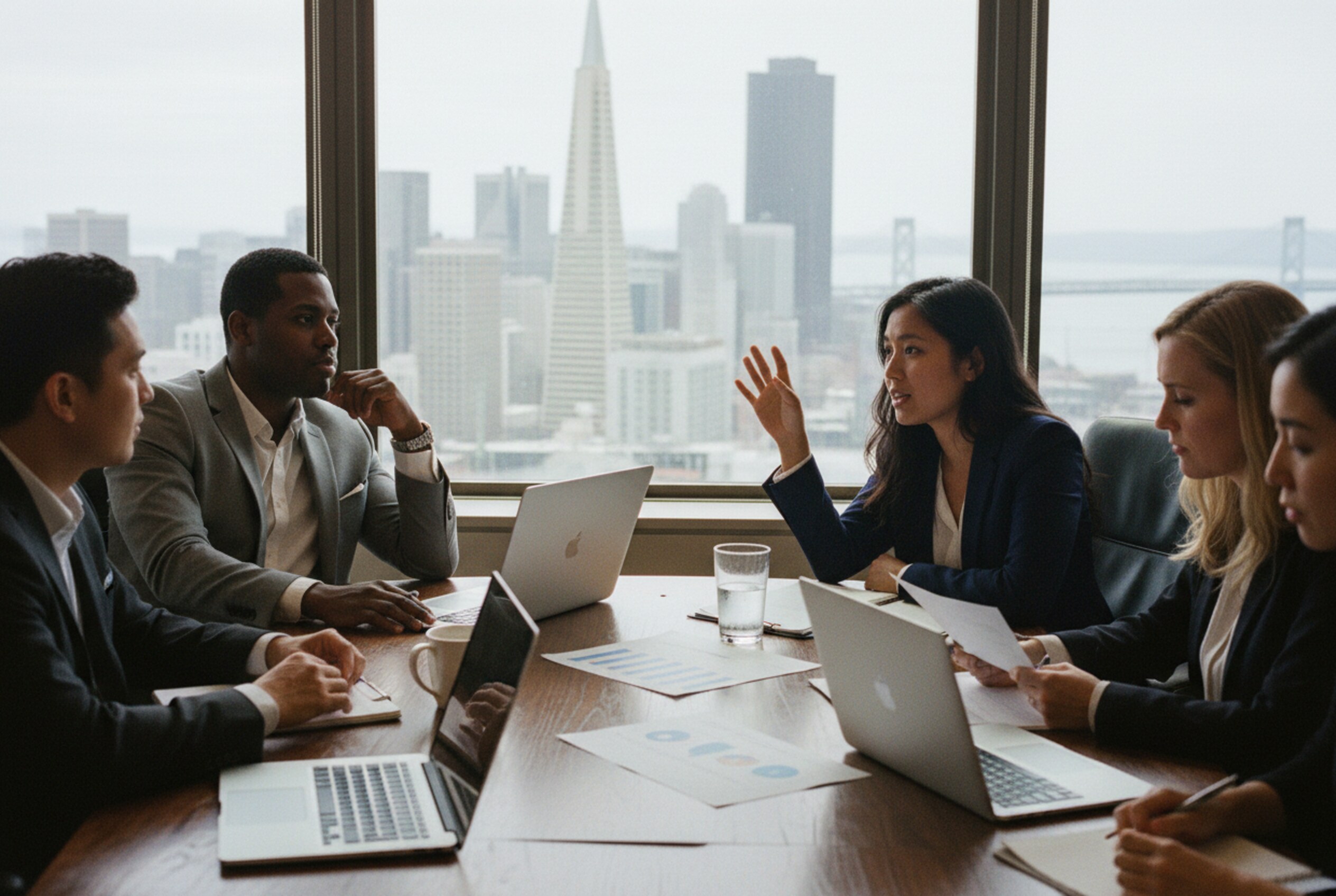 Diverse attorney team reviewing campaign performance data in a San Francisco high-rise conference room